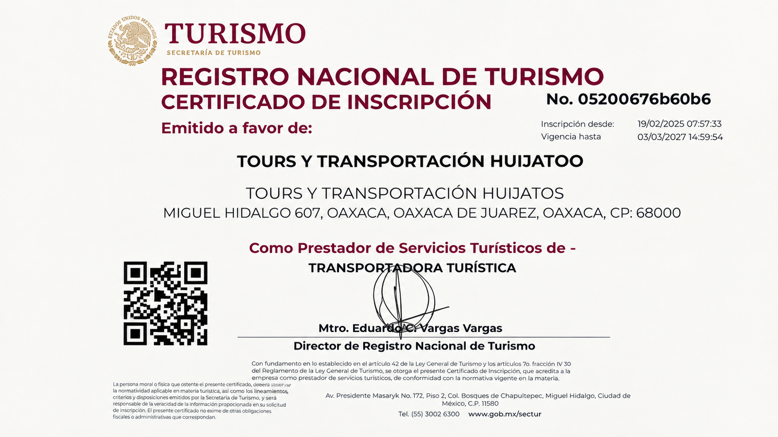 Certificado del Registro Nacional de Turismo — Tours y Transportación Huijatoo